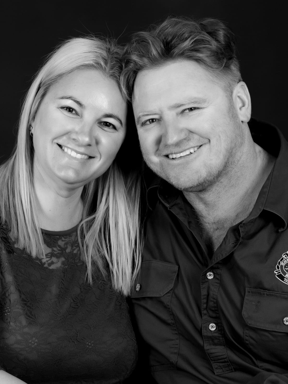 Stephen and Katrina-Lee O’Brien photographed together in a black and white studio portrait